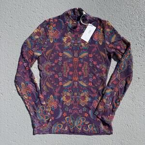 Johnny Was Jade Rebecca Mesh Mock Neck Long Sleeve Tee Purple XS -TINY DEFECT